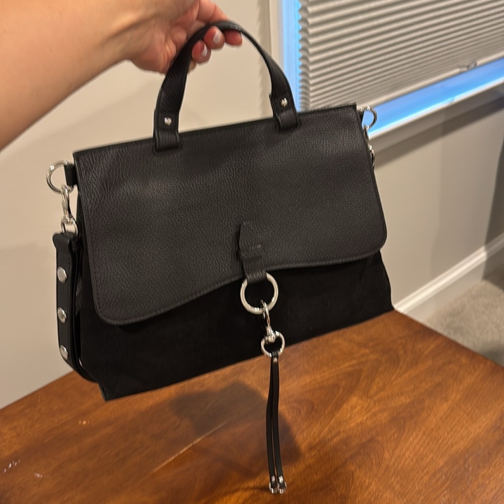 Rebecca Minkoff Keith Black Suede Pebbled Leather Satchel
